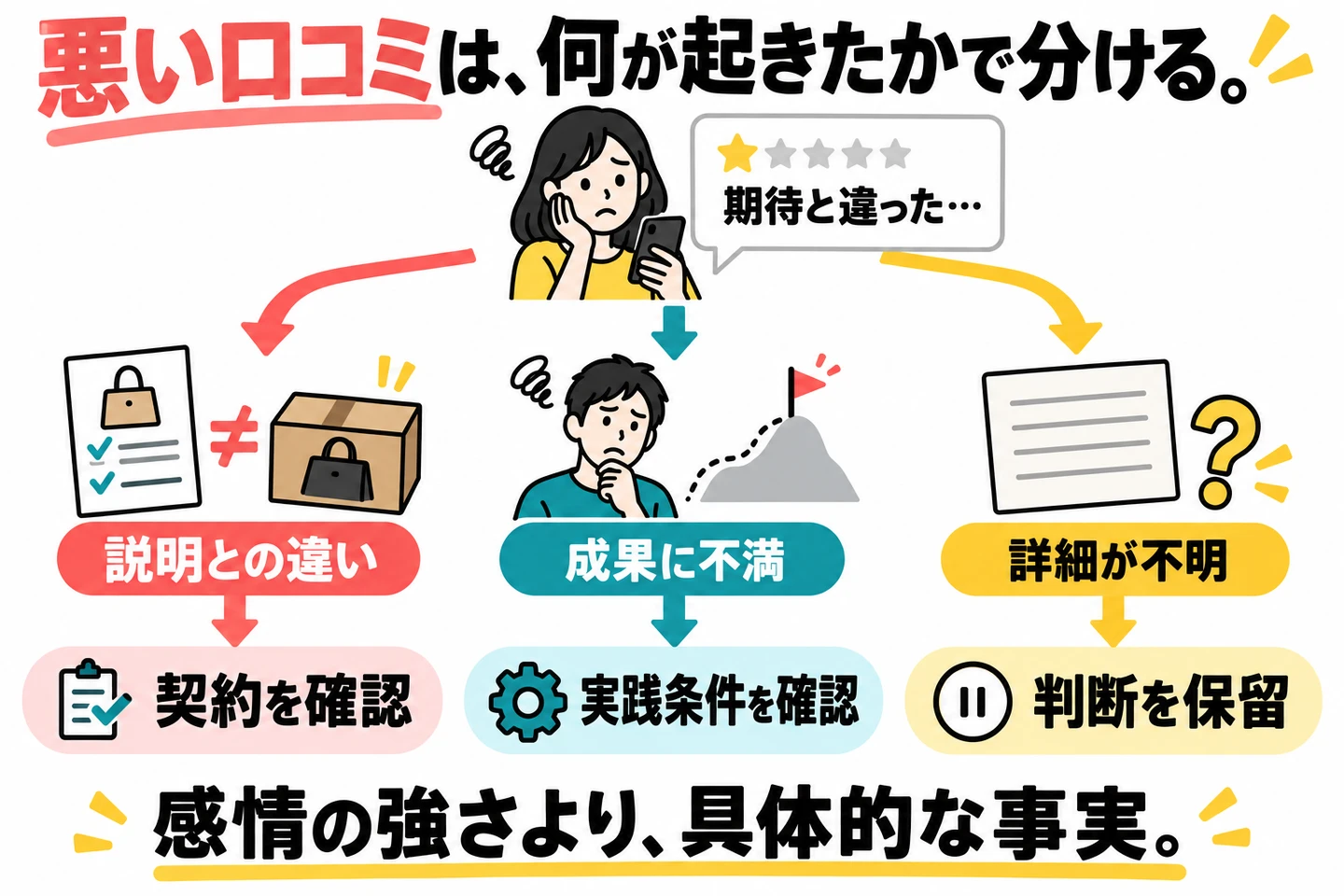 悪い口コミを説明との違い・成果への不満・詳細不明に分け、確認方法を変える図