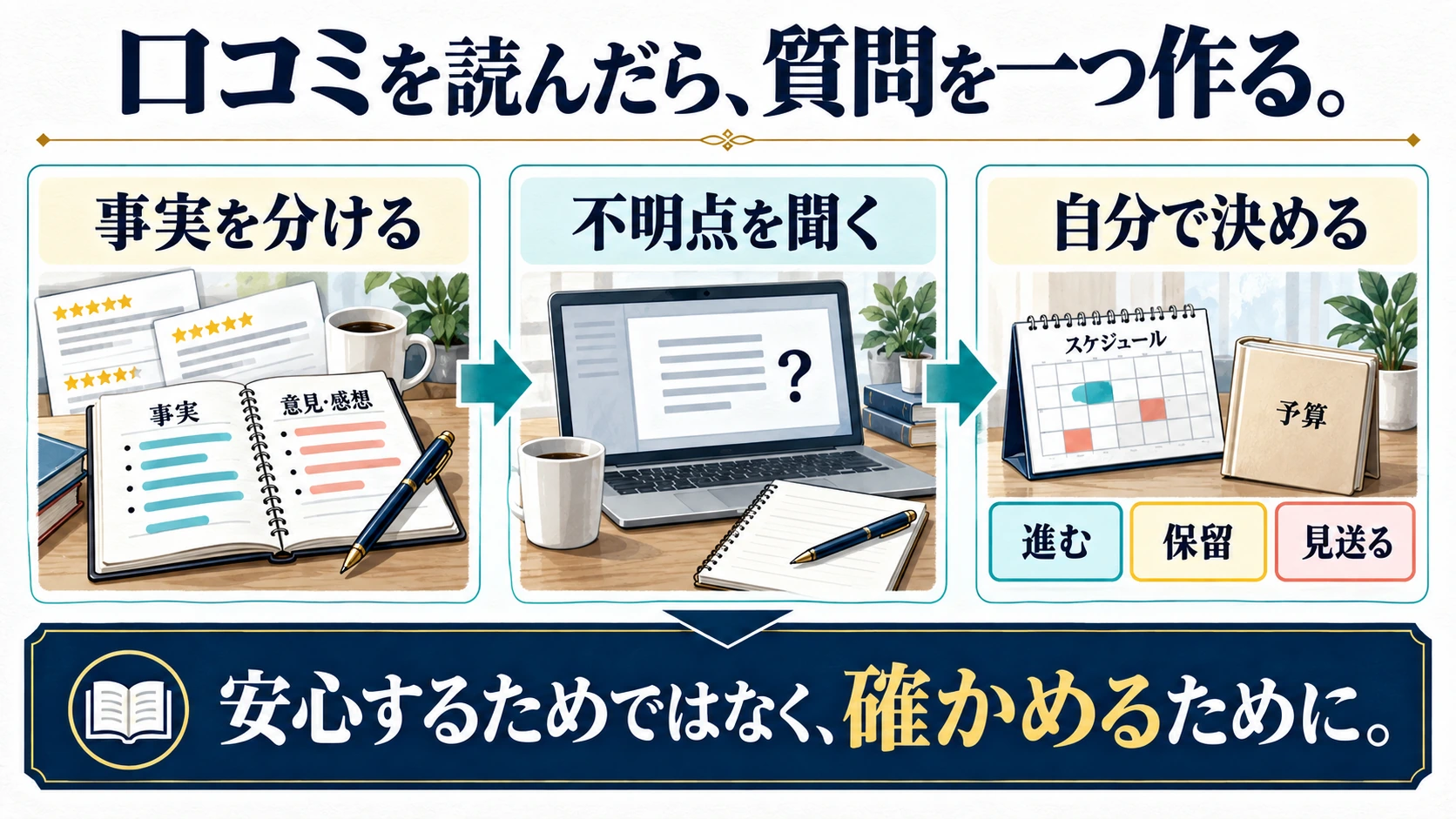 事実を分け、不明点を聞き、自分の予算と予定から進む・保留・見送りを決める手順