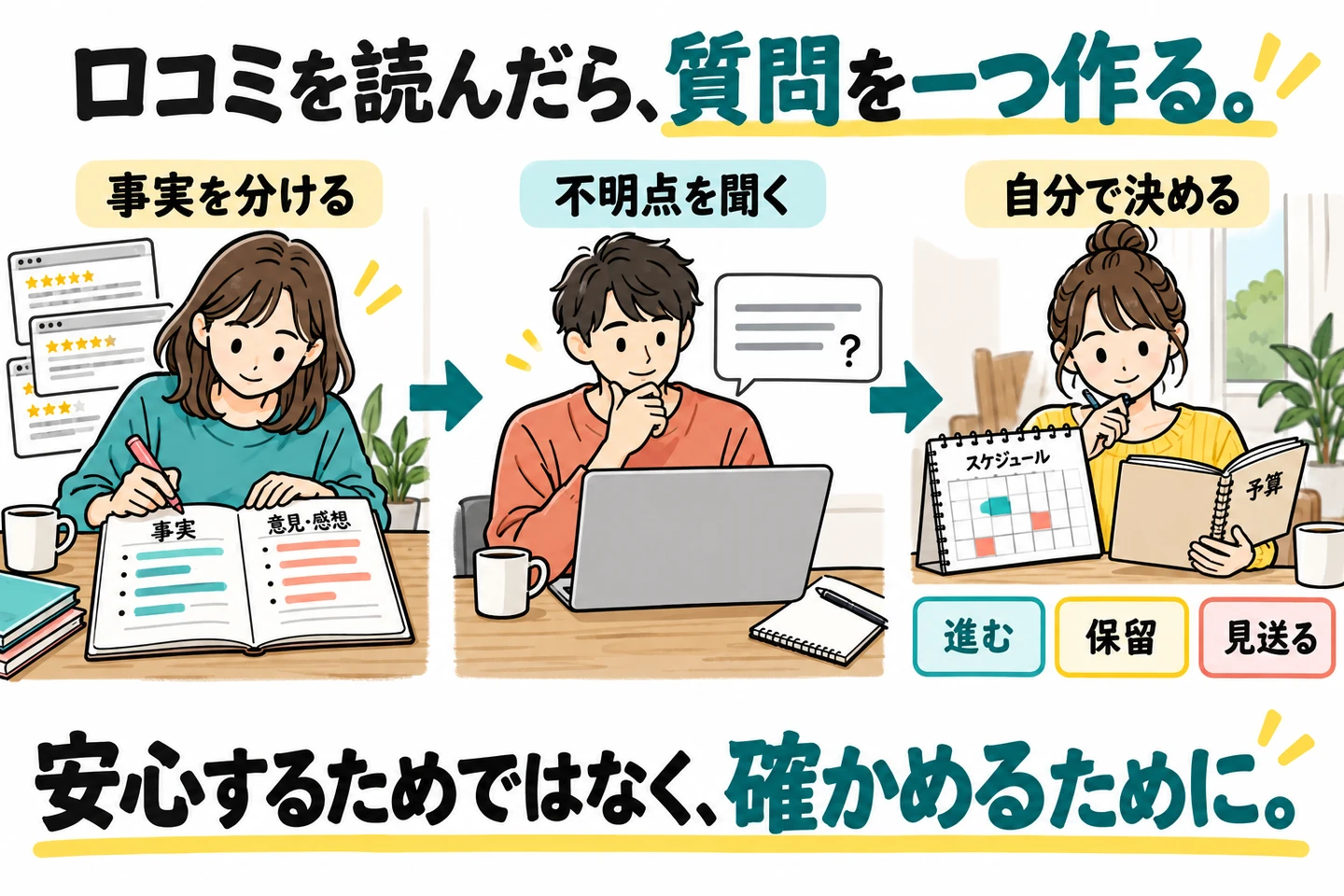 事実を分け、不明点を聞き、自分の予算と予定から進む・保留・見送りを決める手順