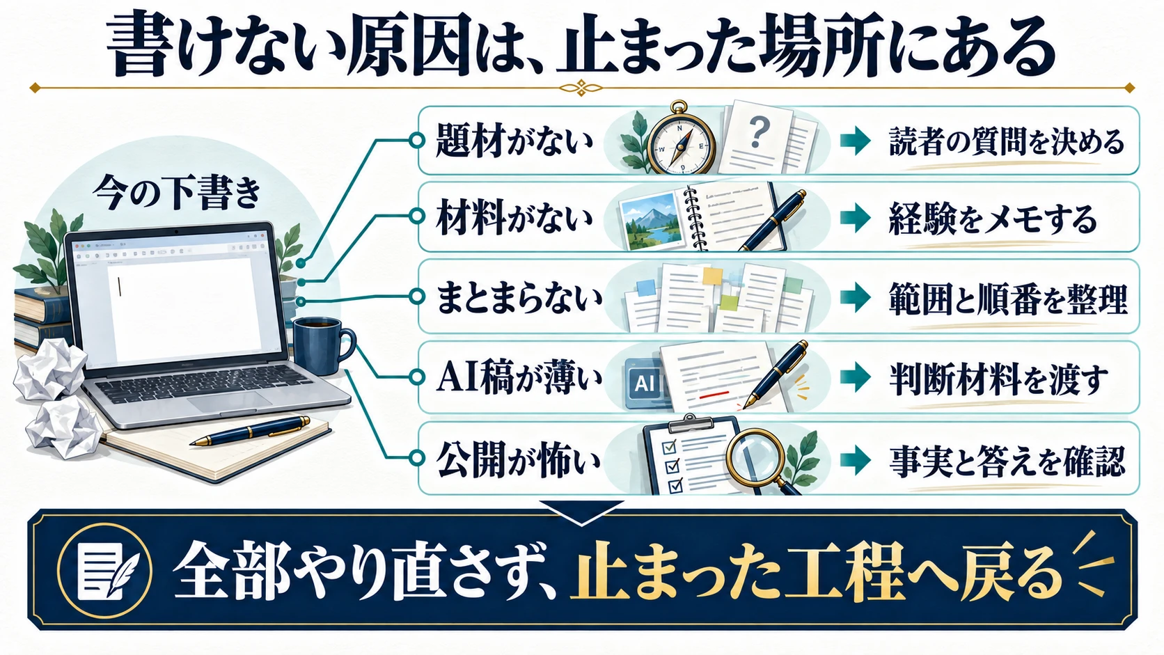 ブログの下書きが止まる五つの原因と、それぞれで戻る作業を分けた診断図