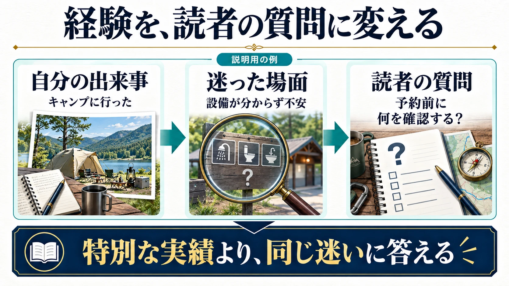 キャンプの出来事から設備を確認したい読者の質問へ変える説明用の三段階の例