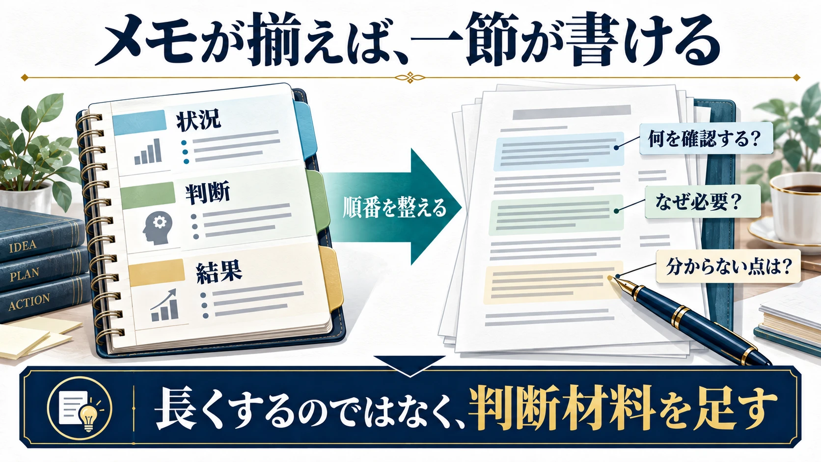 状況・判断・結果のメモを、確認事項と理由と不明点を示す本文へ整理する図