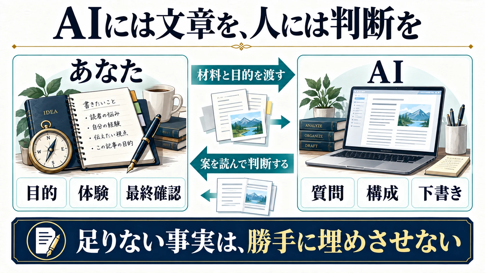 人が目的と体験を渡し、AIが質問・構成・下書きを作り、人が最終判断する分担図