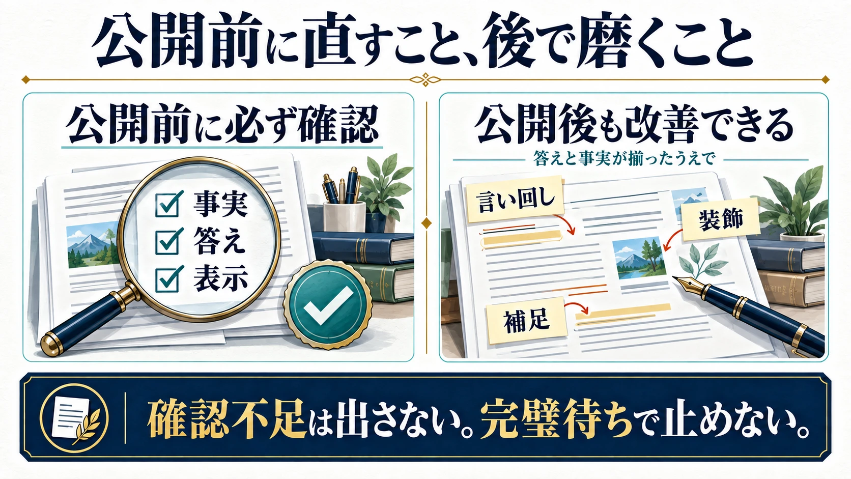 公開前に確認する事実・答え・表示と、公開後も磨ける言い回し・装飾・補足を分ける図