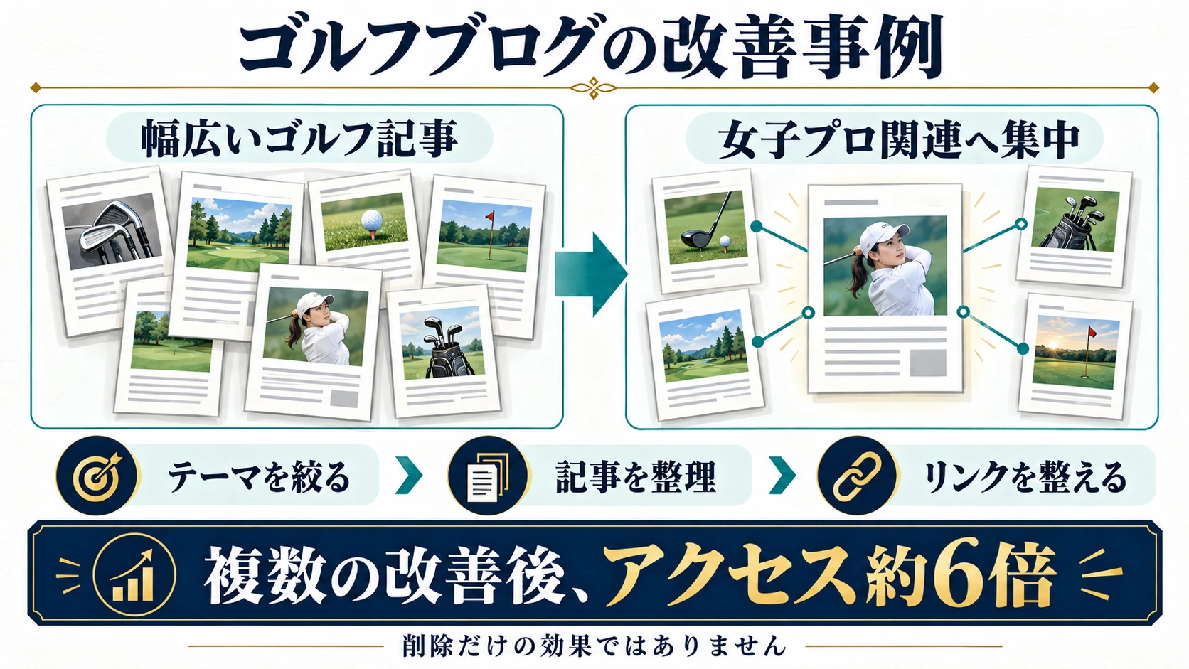 ゴルフブログを女子プロ関連へ絞り、記事整理と内部リンク改善などを行った後にアクセスが約6倍になった事例