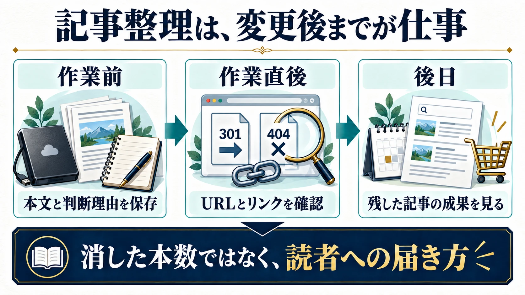 記事整理の作業前に保存、作業直後にURLとリンクを確認、後日に残した記事の成果を確認する3段階
