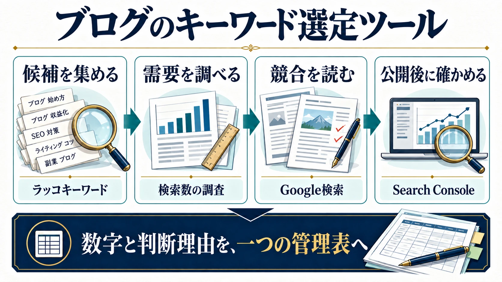 候補収集、検索需要、競合本文、公開後の確認でキーワード選定ツールの役割を分ける図
