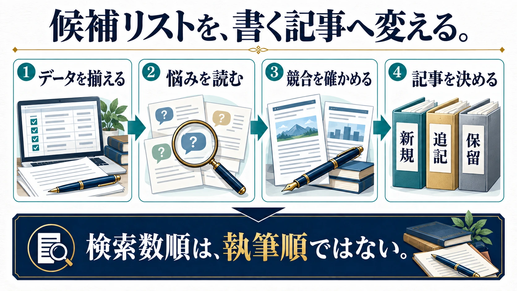 データを揃える、悩みを読む、競合を確かめる、新規・追記・保留を決めるキーワード選定の4ステップ