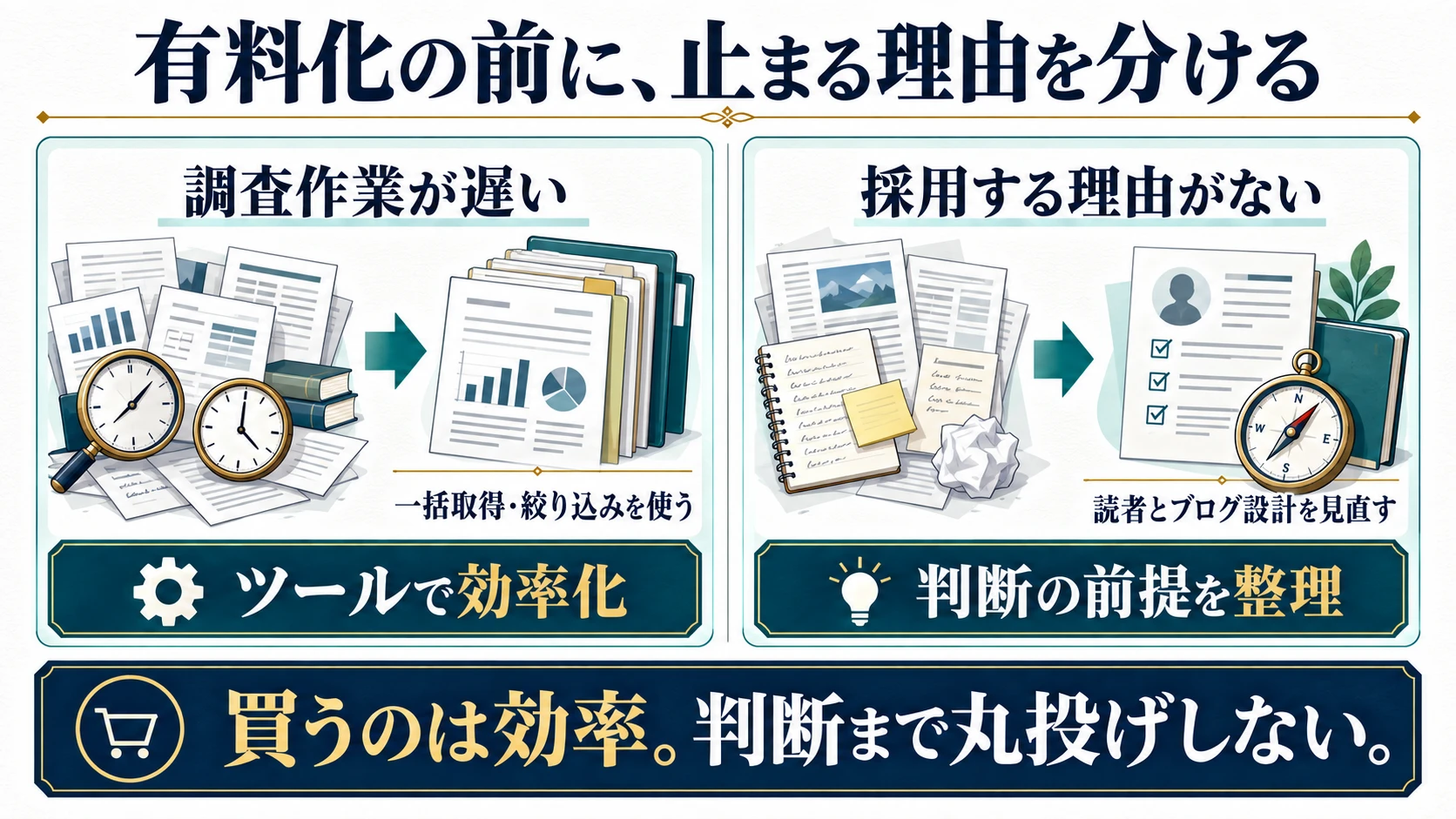 調査作業の遅さは有料ツールで効率化し、採用理由がない場合は読者とブログ設計を見直す比較図