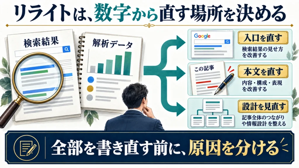 検索データから入口、本文、ブログ設計のどこを直すかを分ける図解