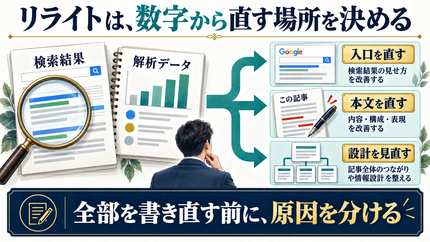 検索データから入口、本文、ブログ設計のどこを直すかを分ける図解