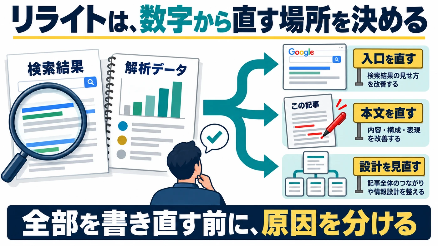 検索データから入口、本文、ブログ設計のどこを直すかを分ける図解