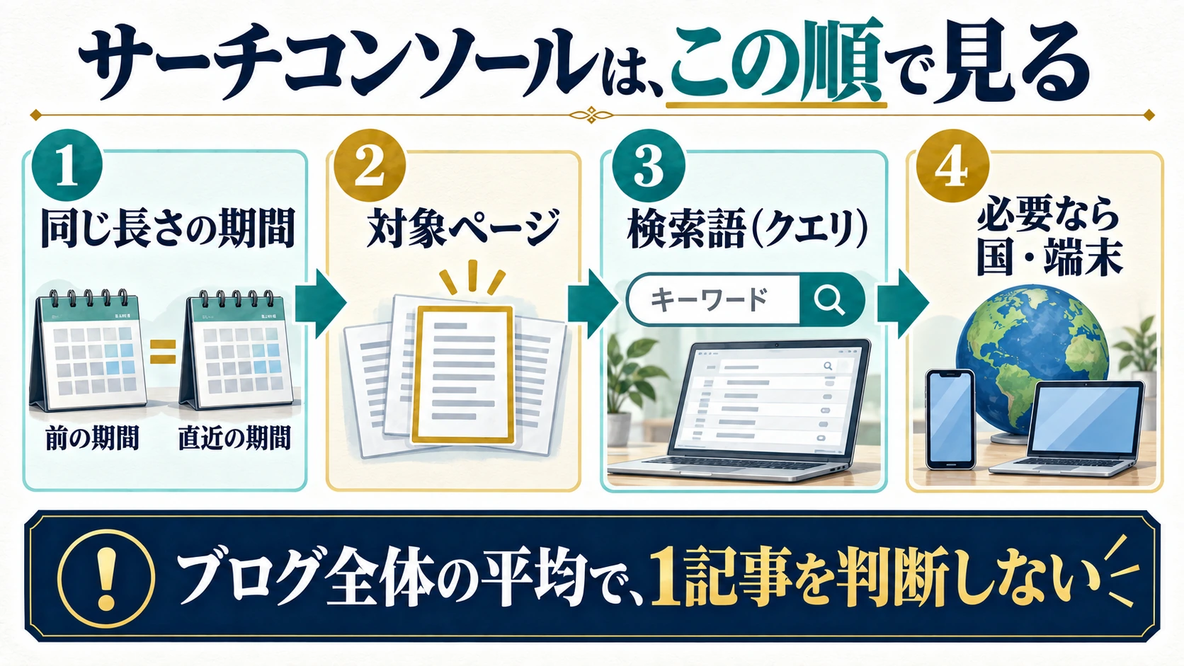 同じ長さの期間、対象ページ、検索語、必要に応じた国と端末の順に確認する図解
