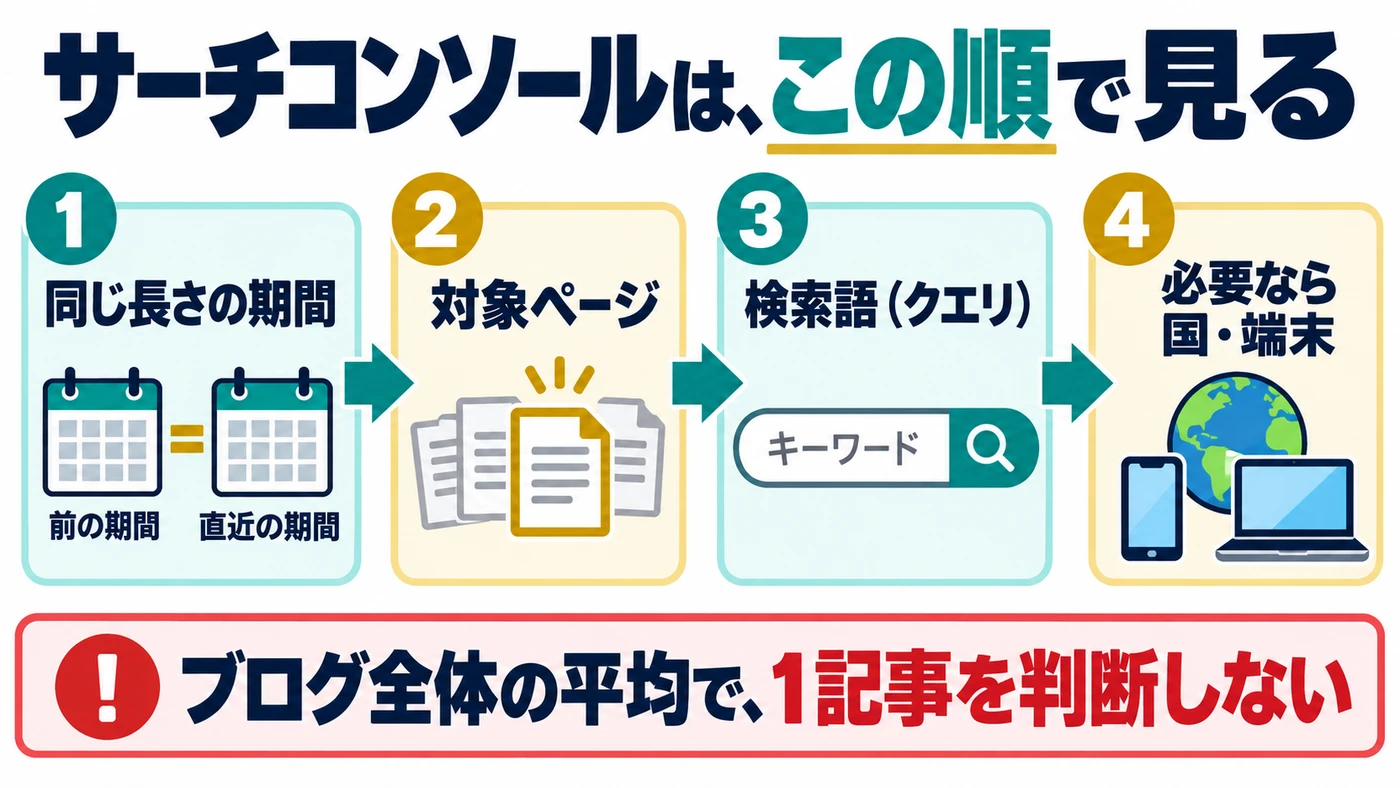 同じ長さの期間、対象ページ、検索語、必要に応じた国と端末の順に確認する図解