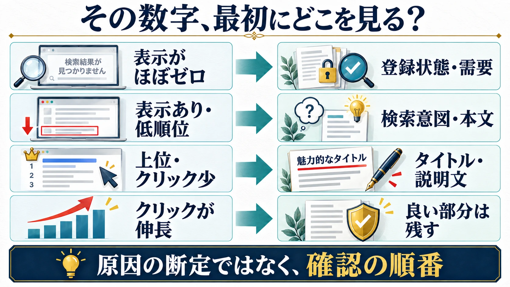 表示ゼロ、低順位、上位でクリック少、伸長中の4状態と最初の確認先
