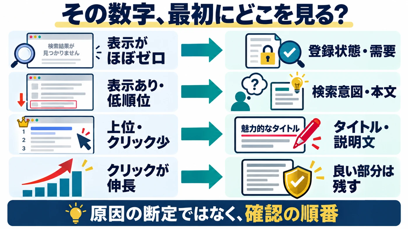 表示ゼロ、低順位、上位でクリック少、伸長中の4状態と最初の確認先