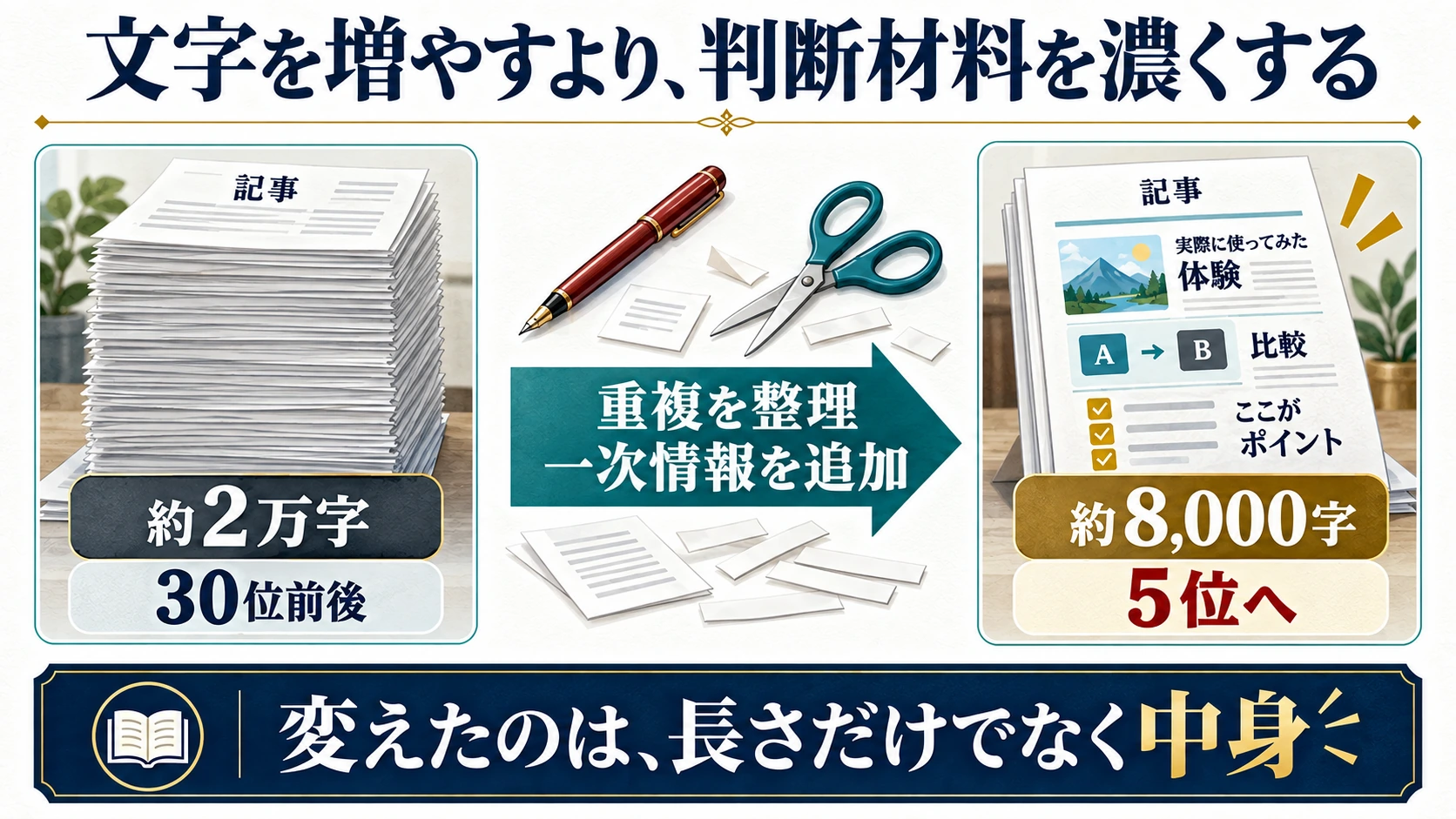 約2万字30位前後の記事を約8000字へ整理し一次情報を加え5位になった著者の事例