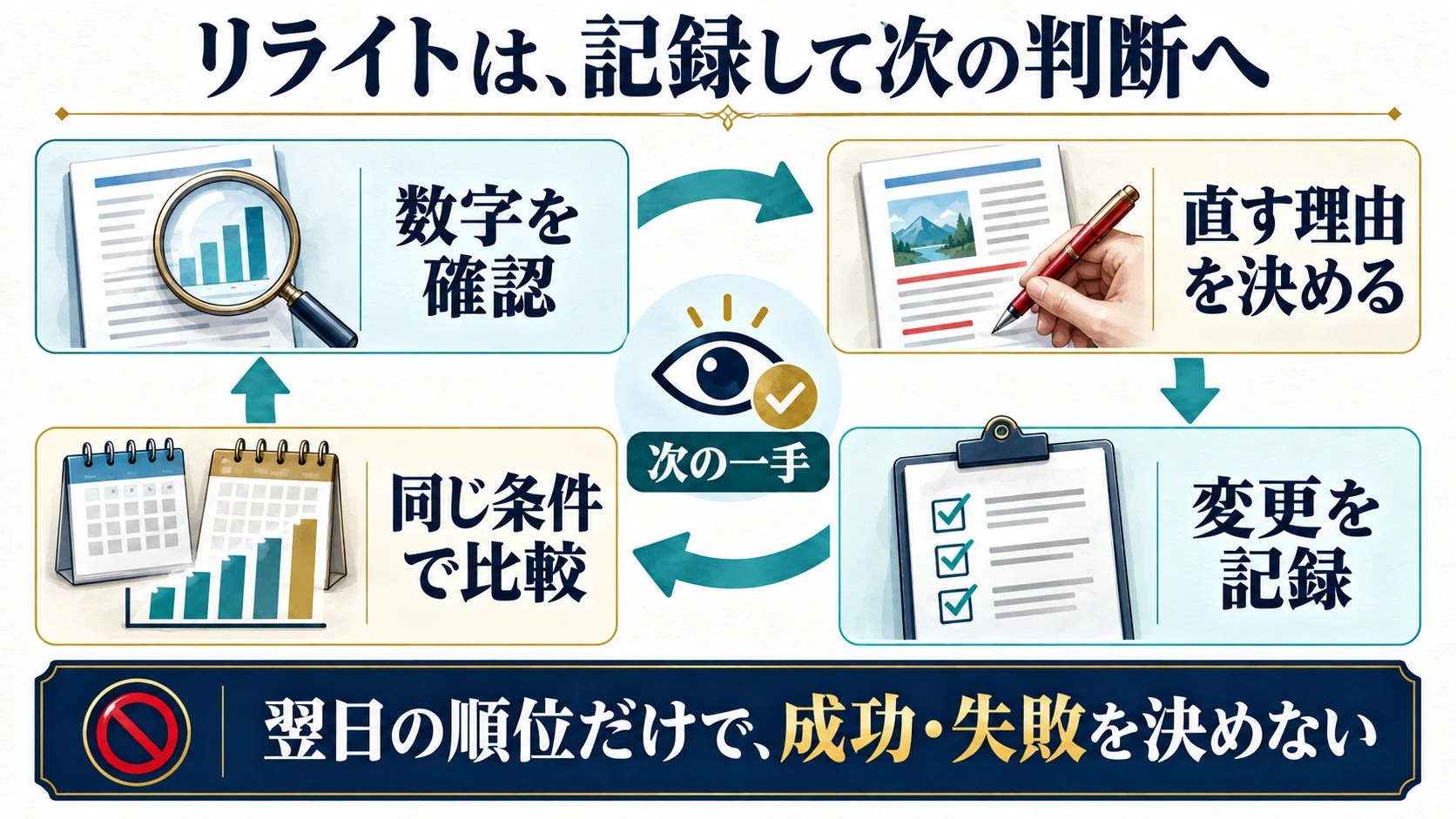 数字確認、直す理由の決定、変更記録、同条件比較を繰り返すリライトの流れ