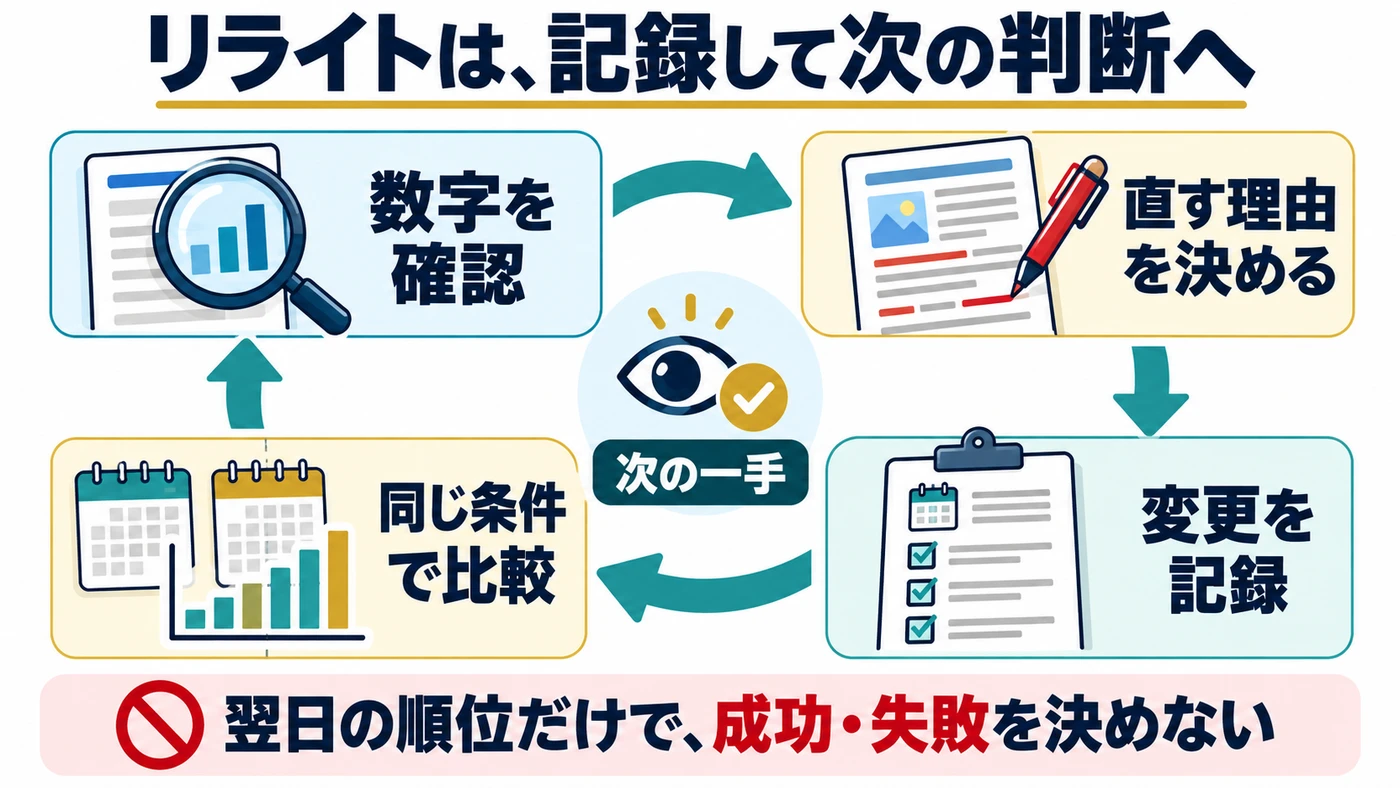 数字確認、直す理由の決定、変更記録、同条件比較を繰り返すリライトの流れ