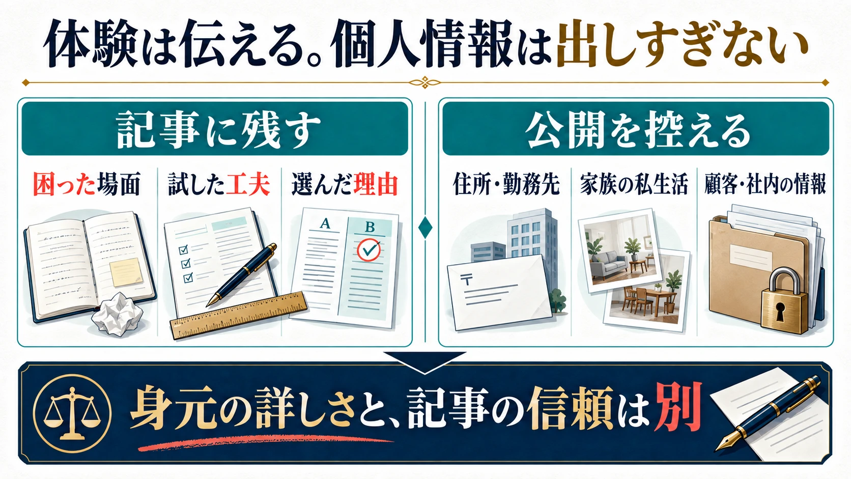 困った場面・工夫・理由を残し、住所や勤務先、家族、顧客や社内の情報の公開を控える比較図