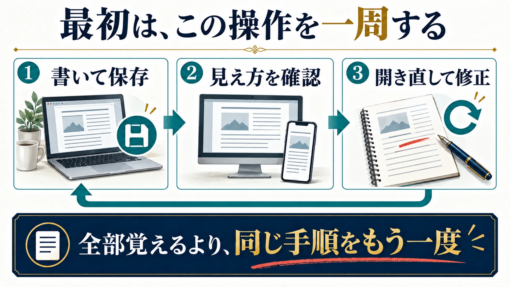 書いて保存、見え方の確認、開き直して修正を一周するブログ操作の練習図