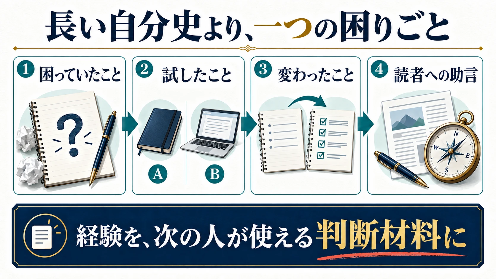 困ったこと、試したこと、変わったこと、読者への助言へと経験を記事にする4段階