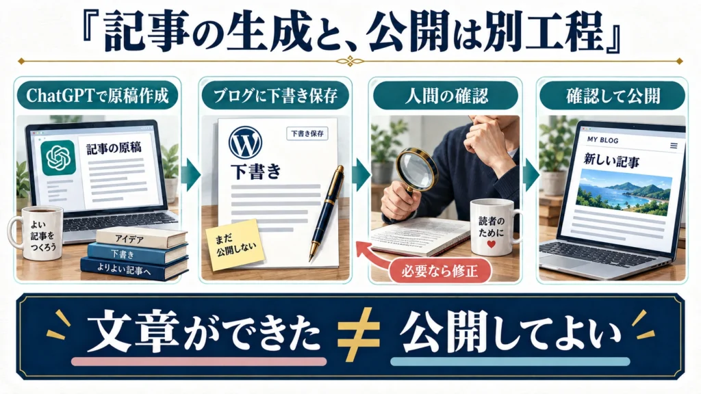 ChatGPTで原稿を作り、ブログに下書き保存し、人間が確認して公開する3工程