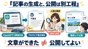 ChatGPTで原稿を作り、ブログに下書き保存し、人間が確認して公開する3工程