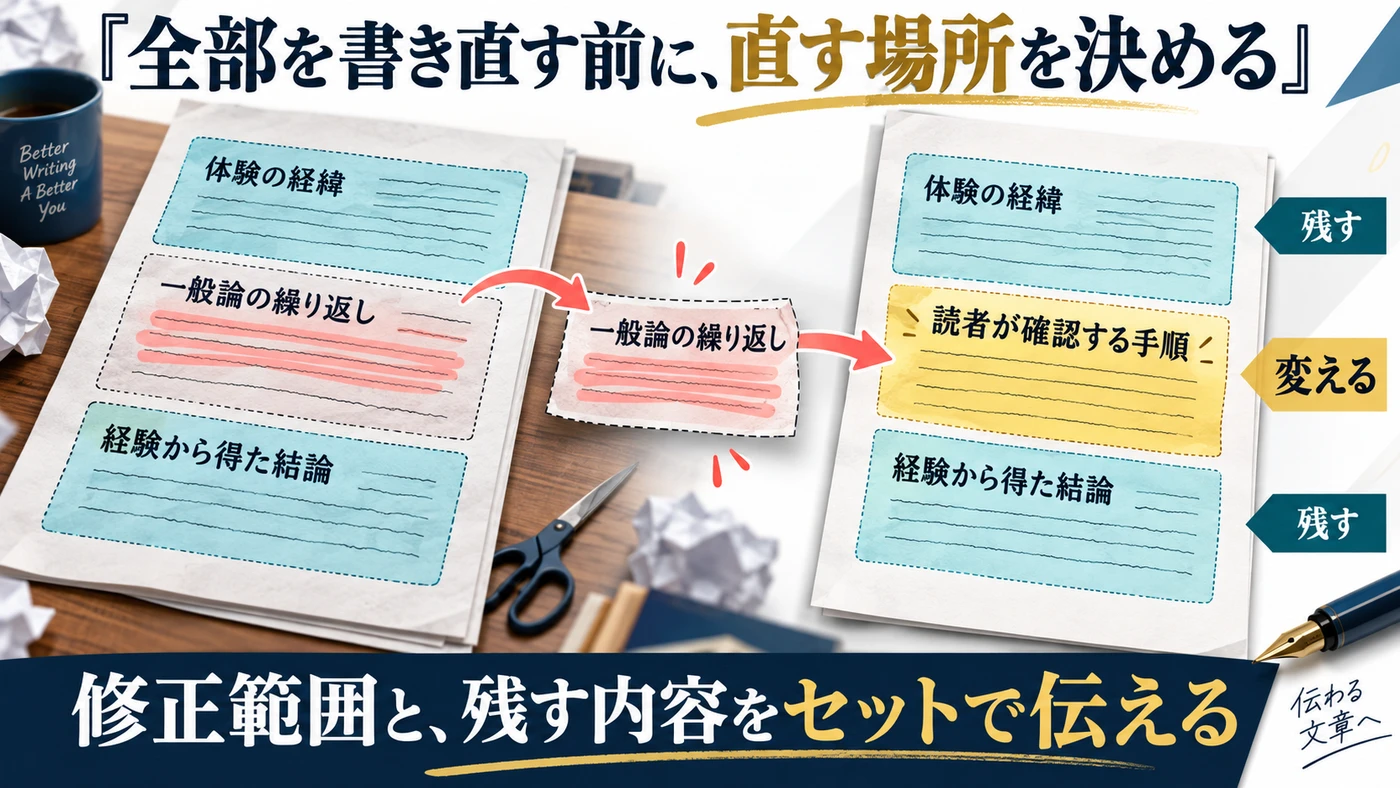 体験の経緯と経験から得た結論は残し、一般論の繰り返しだけを具体的な確認手順へ直す図解