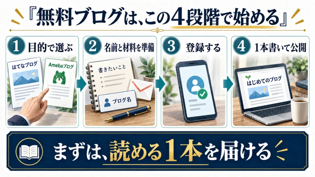 目的で選び、名前と材料を準備し、登録して1本の記事を公開する無料ブログの4段階
