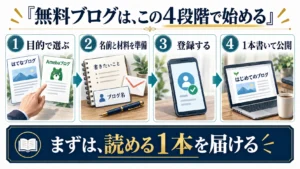 目的で選び、名前と材料を準備し、登録して1本の記事を公開する無料ブログの4段階