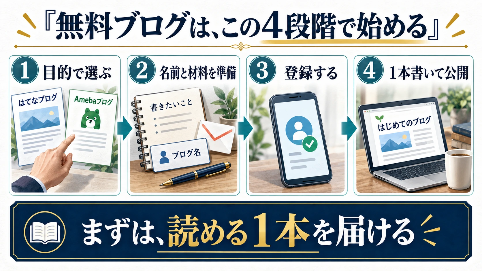 目的で選び、名前と材料を準備し、登録して1本の記事を公開する無料ブログの4段階