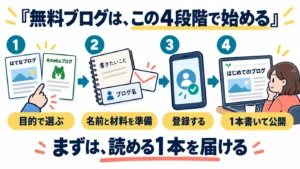 目的で選び、名前と材料を準備し、登録して1本の記事を公開する無料ブログの4段階