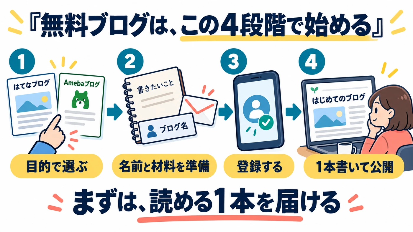 目的で選び、名前と材料を準備し、登録して1本の記事を公開する無料ブログの4段階