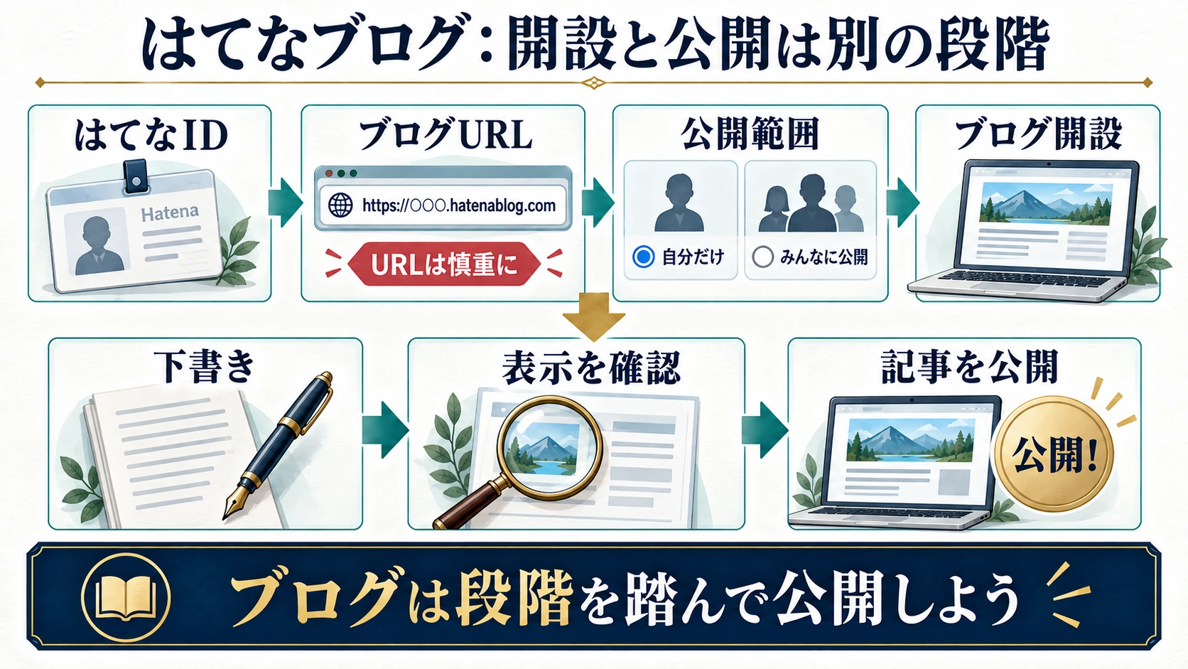 はてなID、ブログURL、公開範囲を設定して開設し、下書きと表示確認を経て記事を公開する流れ