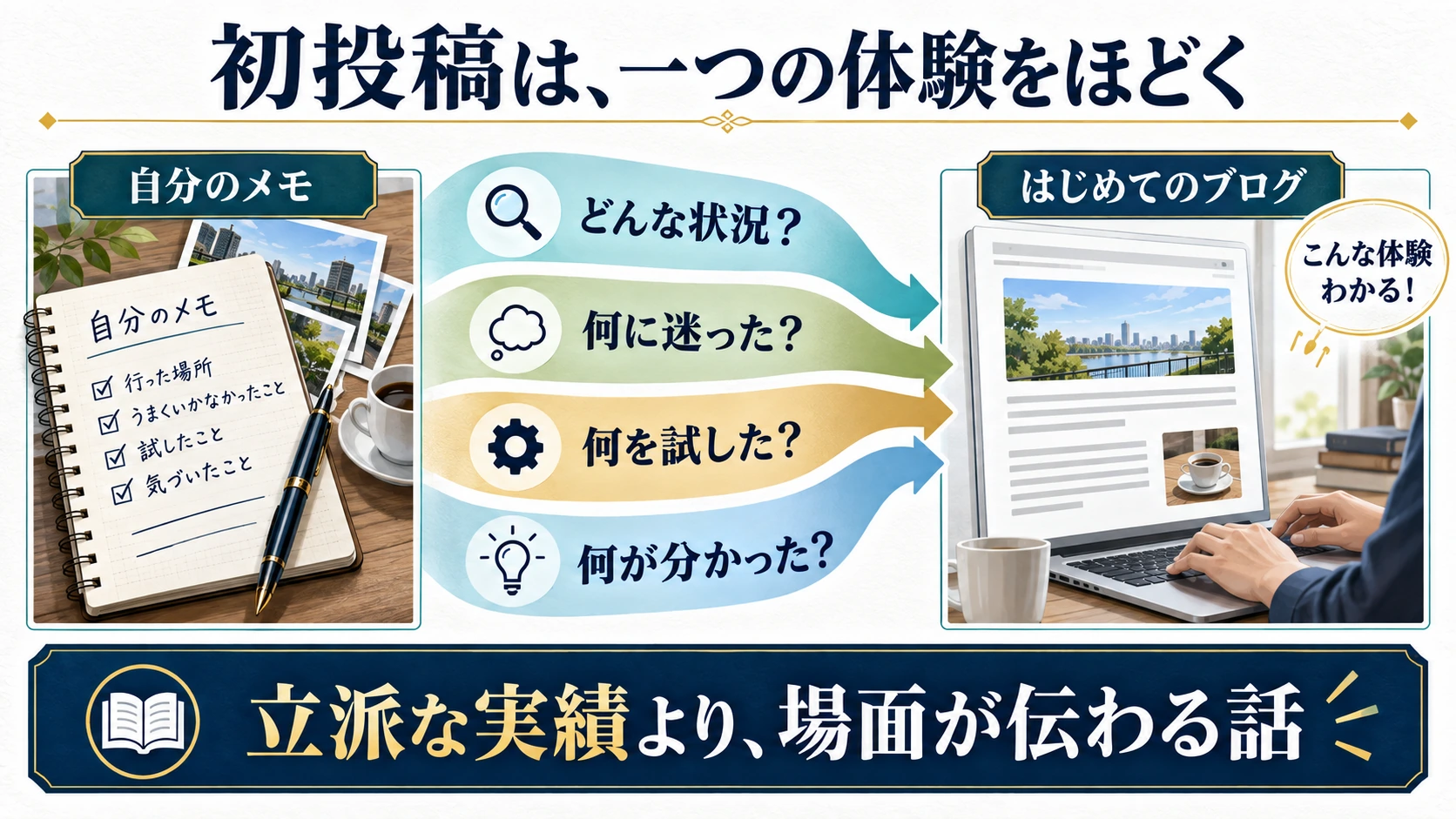 自分のメモから状況、迷い、試したこと、分かったことを取り出して一つの体験記事にする図