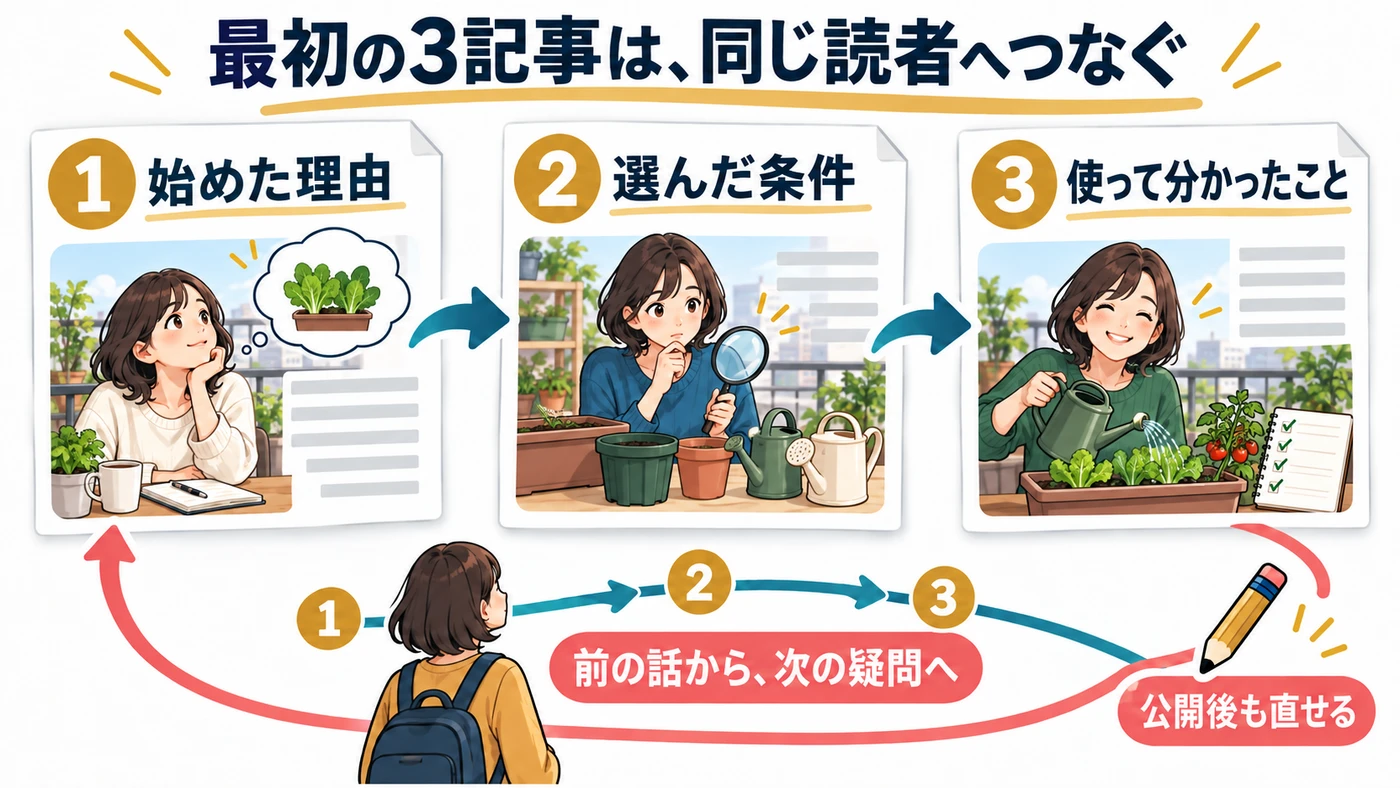 ベランダ菜園の始めた理由、道具を選んだ条件、使って分かったことを同じ読者へつなぐ3記事の例