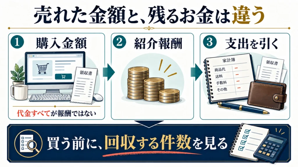 商品の購入金額と紹介報酬は異なり、さらに支出を引いて収益性を考える図解