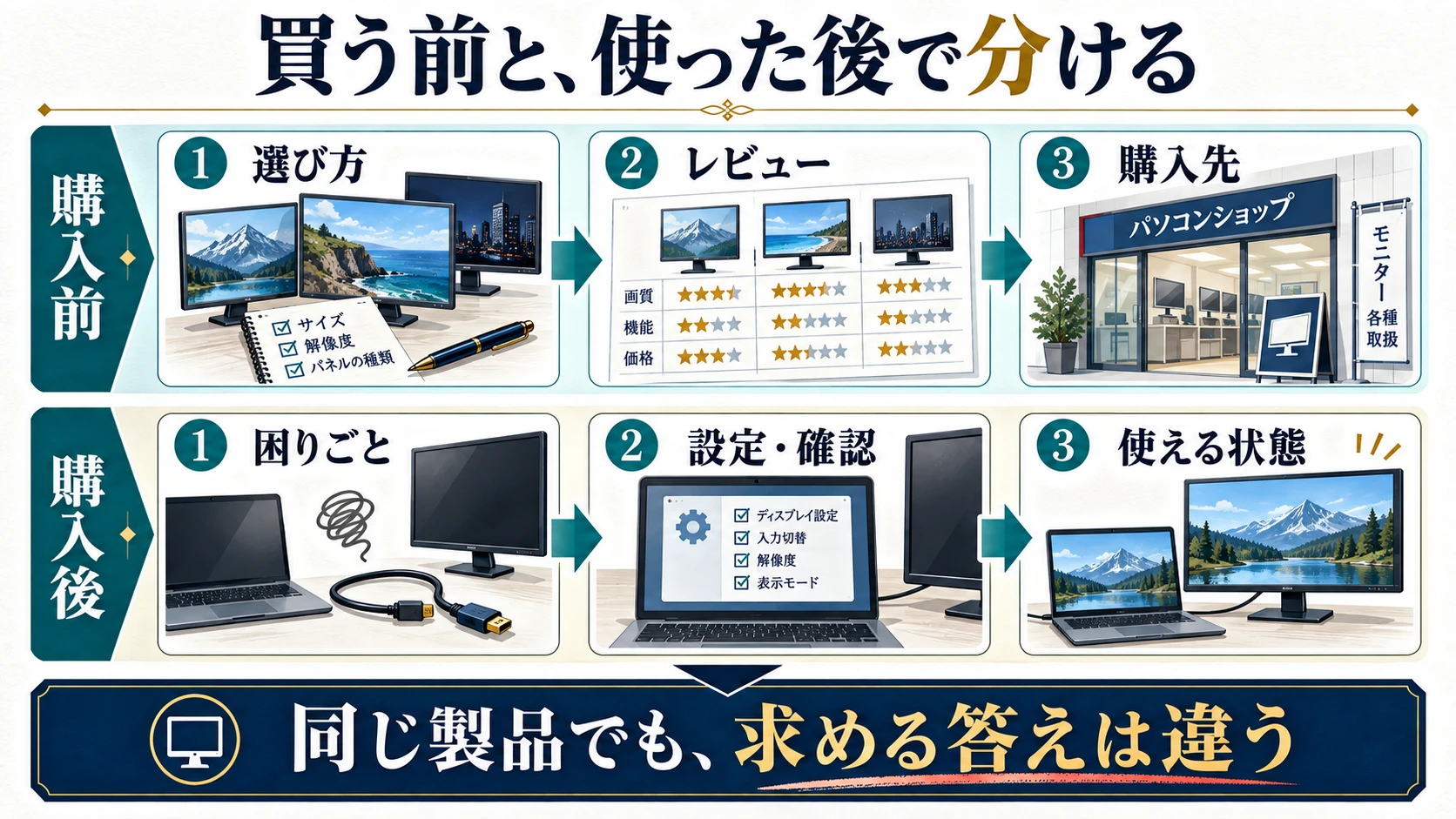 購入前は選び方からレビューと購入先へ、購入後は設定確認から問題解決へ進む導線