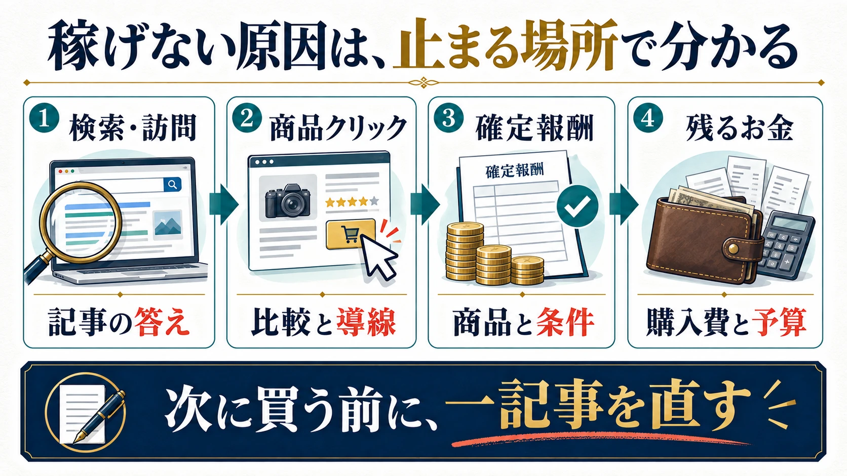 検索、商品クリック、確定報酬、手元に残るお金を分けて改善箇所を探す図解