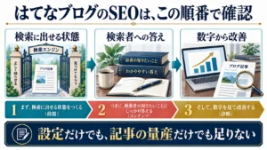 検索に出せる状態、検索者への答え、数字から改善というSEO確認の順番
