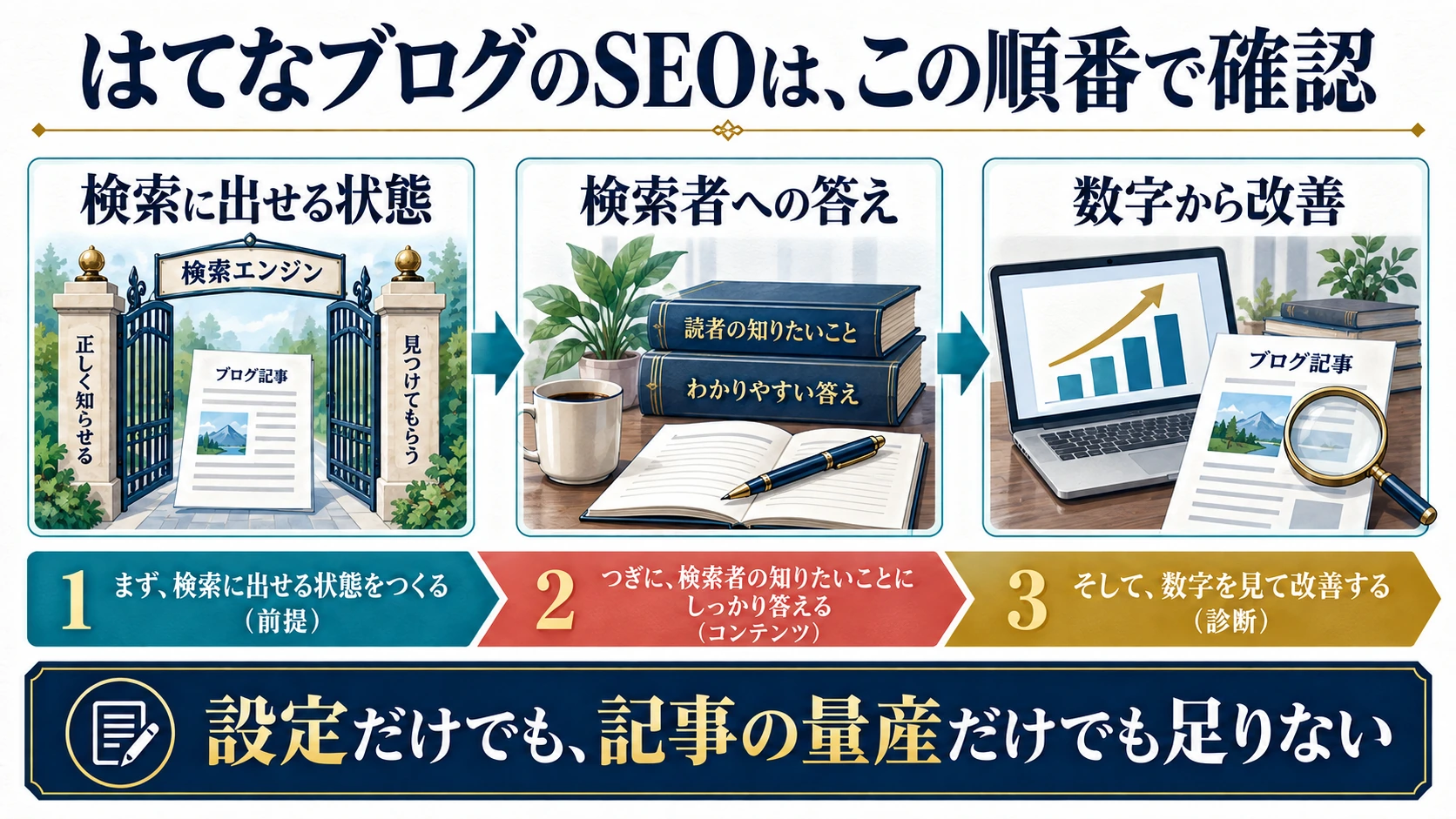 検索に出せる状態、検索者への答え、数字から改善というSEO確認の順番