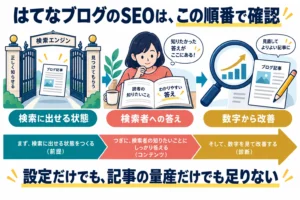 検索に出せる状態、検索者への答え、数字から改善というSEO確認の順番