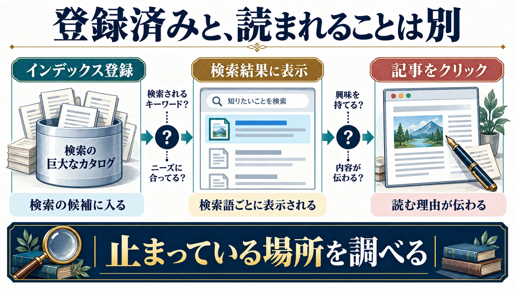 インデックス登録、検索結果への表示、記事のクリックは別の段階であることを示す図