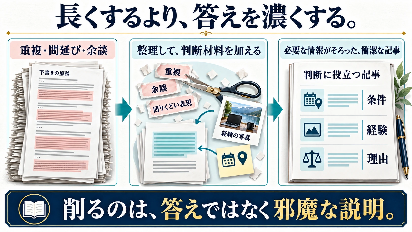 重複や余談を削り、条件・経験・理由を加えて判断に役立つ記事に整理する図