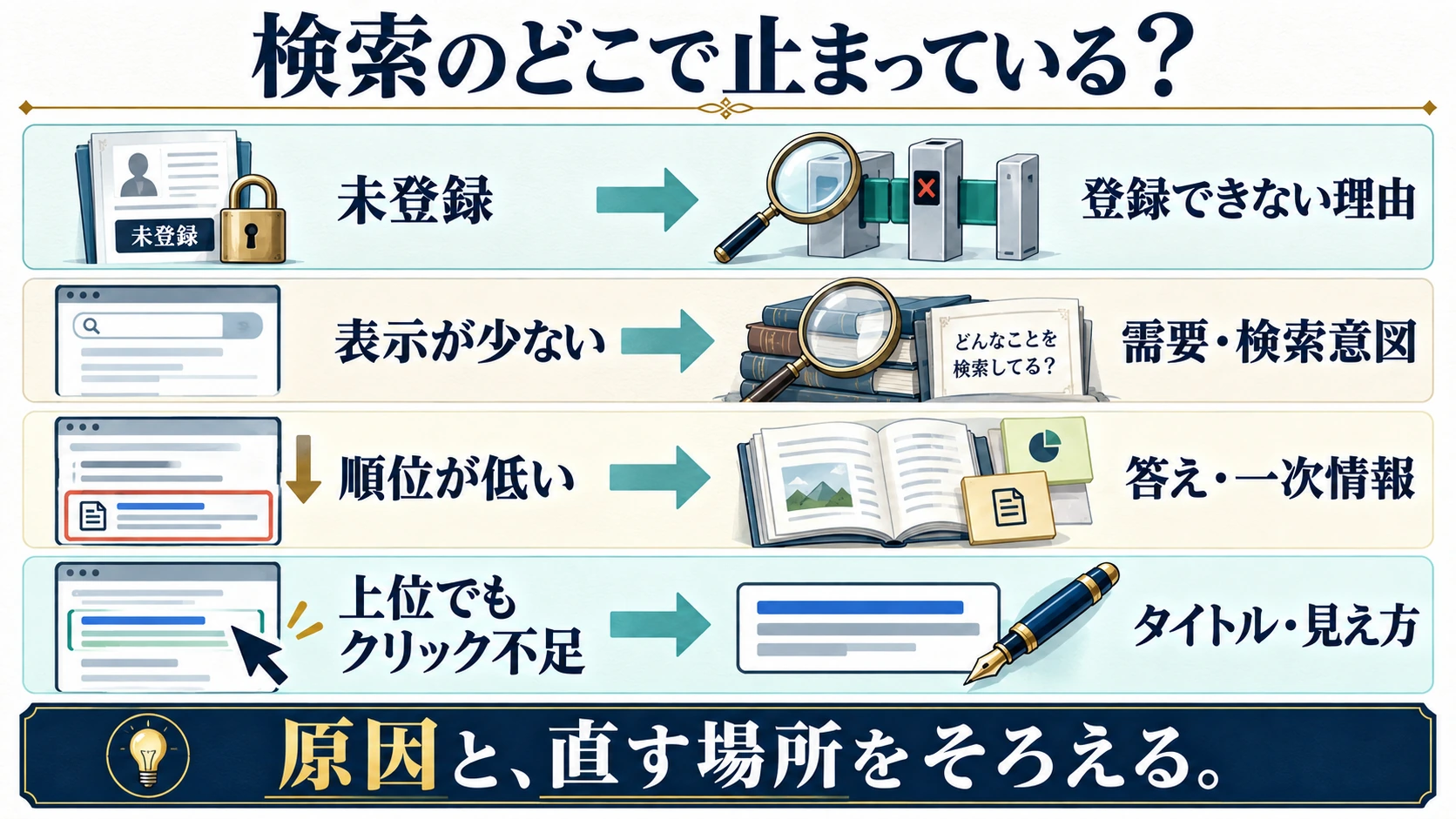 未登録、表示不足、低順位、上位でもクリック不足の4状態から確認箇所を分ける図