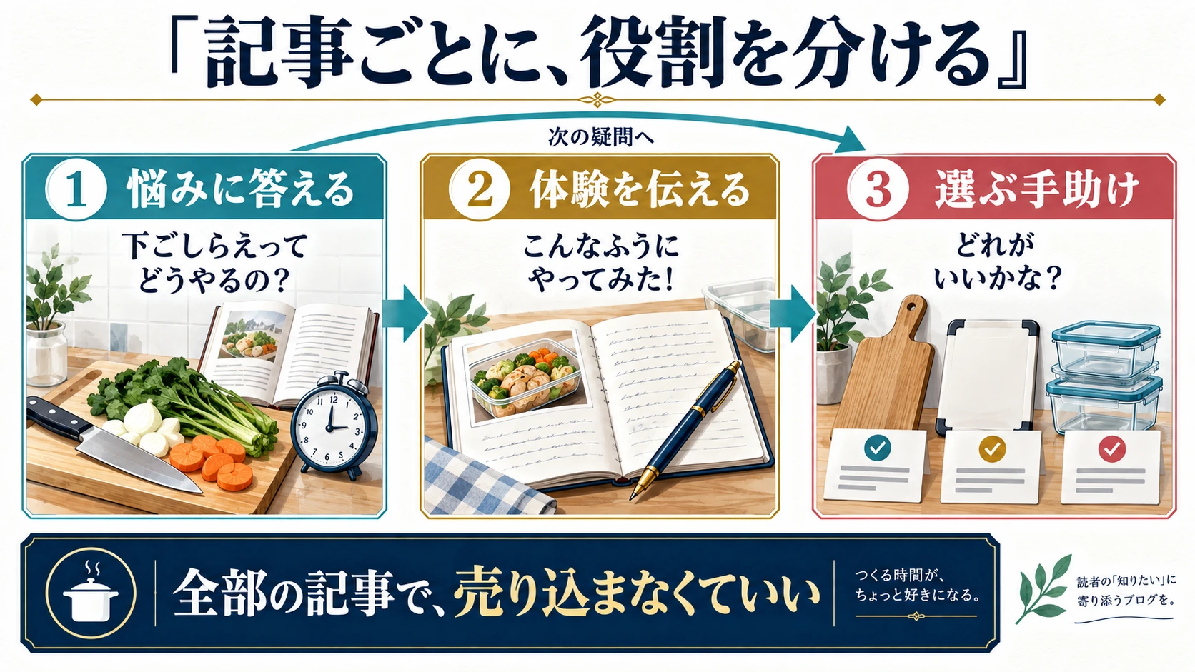 悩みに答える記事、体験を伝える記事、商品を選ぶ手助けの記事を読者の次の疑問でつなぐ