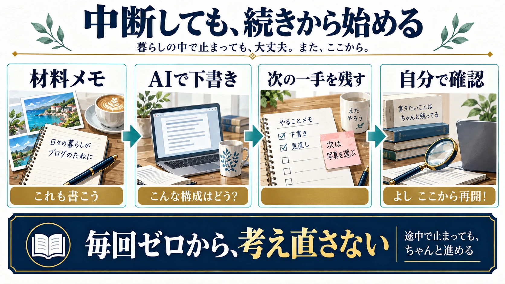 材料メモ、AIの下書き、次の一手の記録、自分で確認という中断しても再開できる作業の流れ