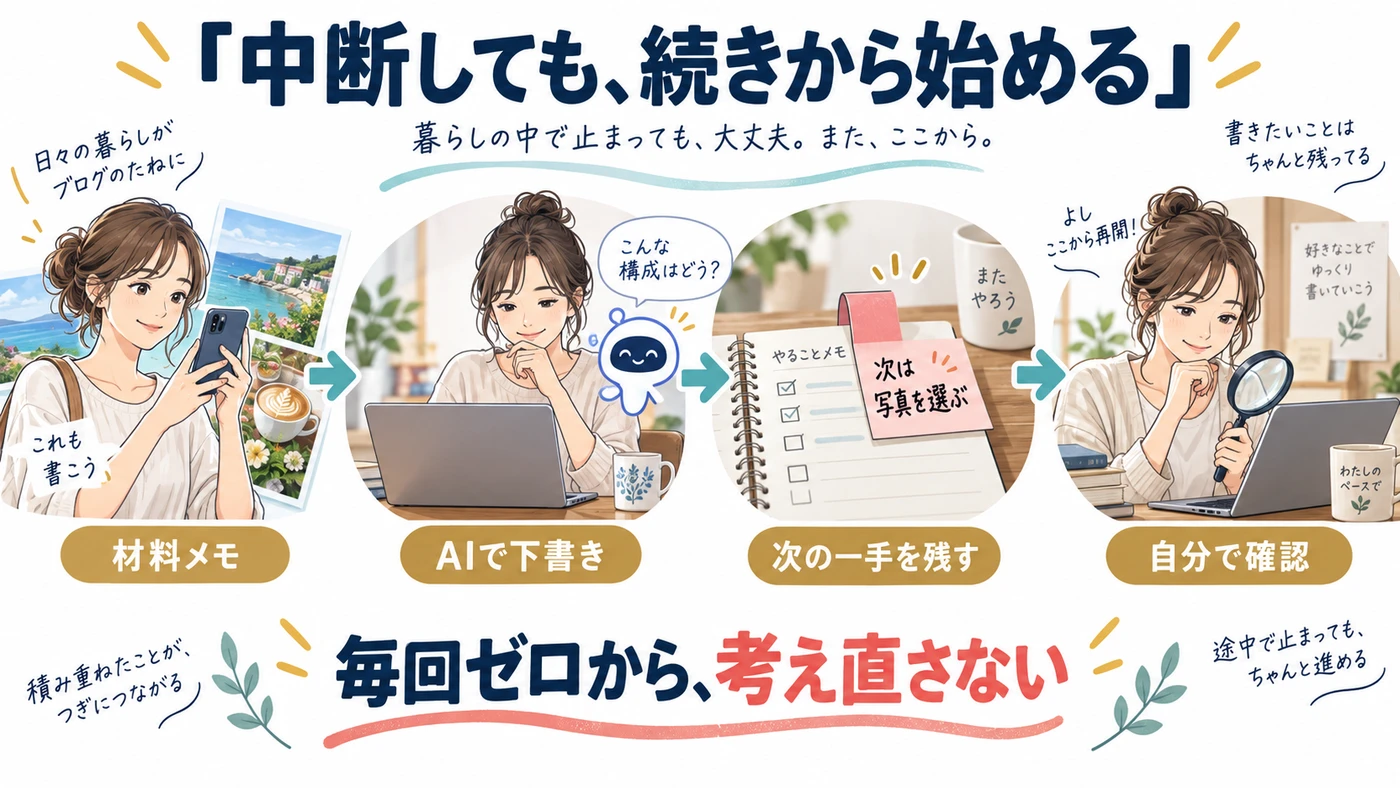 材料メモ、AIの下書き、次の一手の記録、自分で確認という中断しても再開できる作業の流れ