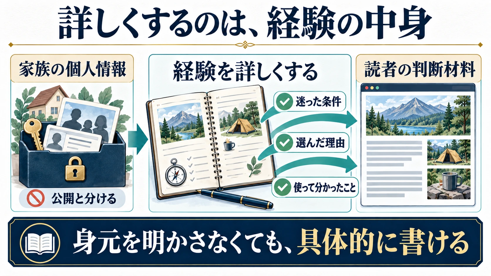 家族の個人情報は非公開で分け、迷った条件、選んだ理由、使って分かったことを記事へ入れる図